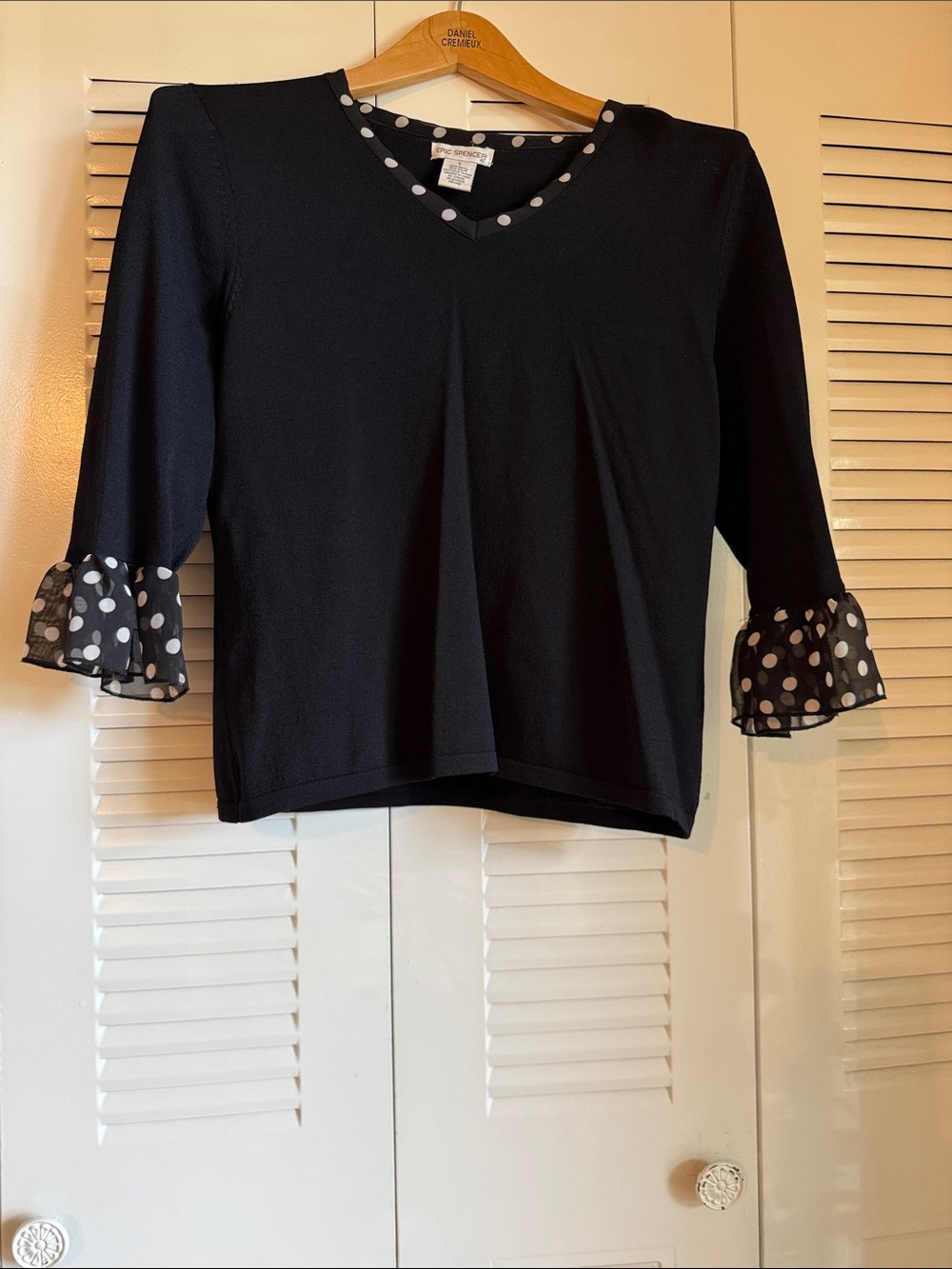 Black V-Neck Long Sleeve Top with Polka Dot Ruffle Cuffs